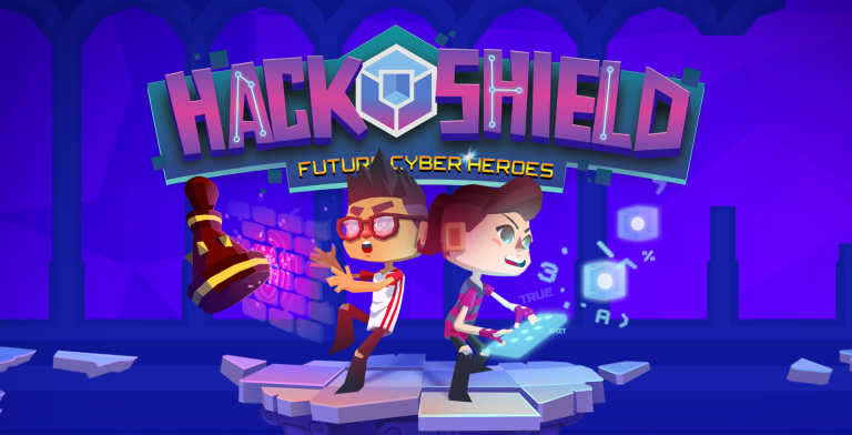 Op de afbeelding is het logo van het spel HackShield te zien. Hieromheen zijn twee spelkarakters afgebeeld.