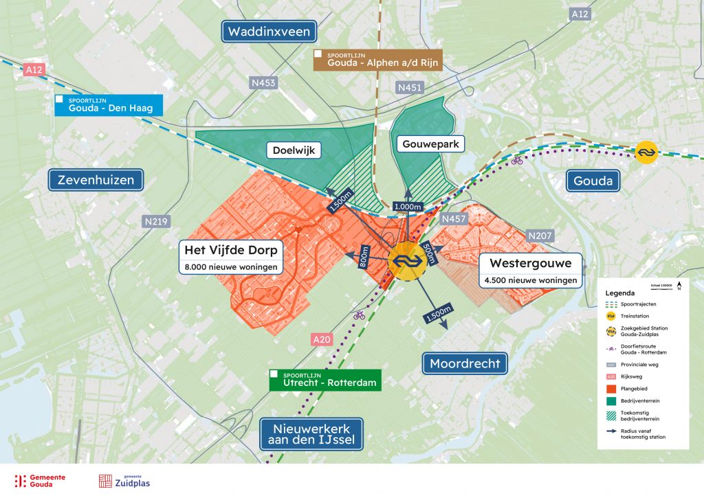 Afbeelding van het nieuwe station op de kaart. Het station dat onderdeel zal zijn van de spoorlijn tussen Rotterdam en Gouda komt op een centrale plek tussen Het nieuwe station aan de spoorlijn tussen Rotterdam en Gouda, komt tussen het Middengebied, Westergouwe en Moordrecht.
