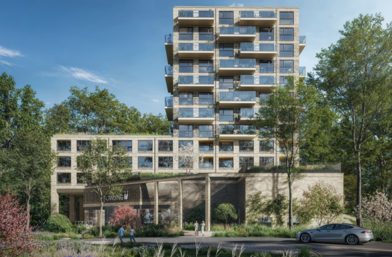 Een beeld van de toekomstige woontoren aan de Heuvellaan 1, met een nieuw bowlingcentrum