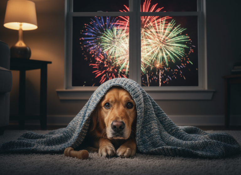 Door het raam wordt vuurwerk getoond. Binnen ligt een hond op de grond onder een dekentje.