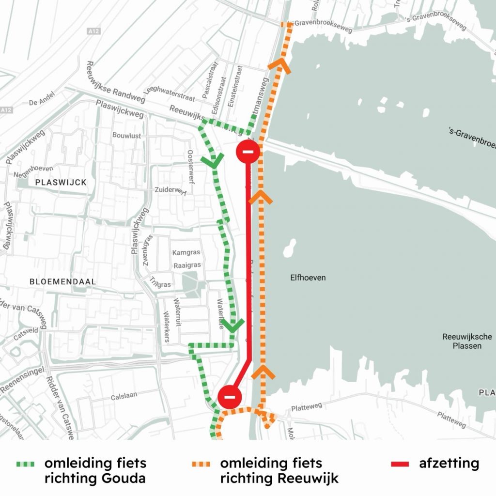 Op deze kaart staat de omleidingsroute voor fietsers weergegeven. Fietserverkeer van Gouda naar Reeuwijk-Brug wordt geleid over de Burgemeester Lucasselaan. Fietsverkeer van Reeuwijk-Brug naar Gouda wordt geleid via de Omloopkade en het Burgemeester van Reenenpad. De Bodegraafsestraatweg is afgesloten tussen de Reeuwijkse Randweg en de Burgemeester van Reenensingel.