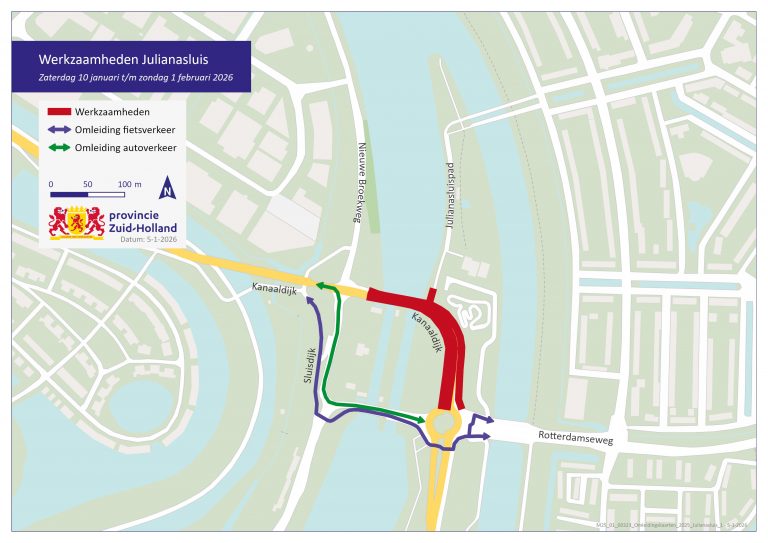 Kaartje van de Julianasluis dichtbij Korte akkeren. op de kaart is de noordelijke kant van de sluis afgesloten. Het verkeer kan via de zuidelijke baan de sluis over.