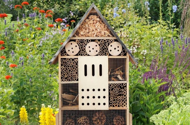 Afbeelding van een groot insectenhotel met daaromheen bloemen en struiken.