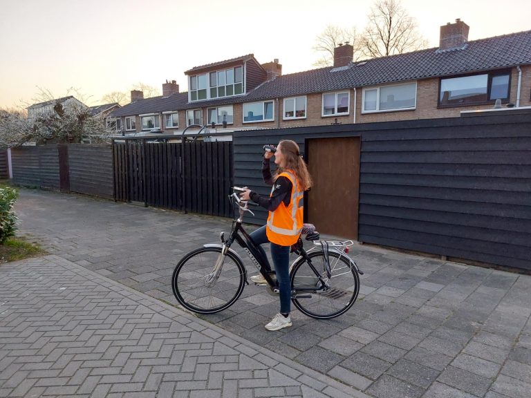 Een onderzoeker op de fiets. Ze heeft een oranje veiligheidshesje aan en kijkt door een verrekijker. Ze staat met haar fiets in een woonwijk.